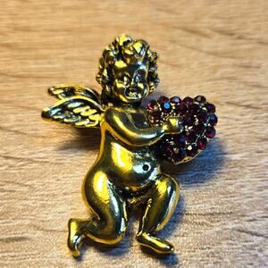 Vintage Gold Tone Cherub Rhinestone Heart Brooch